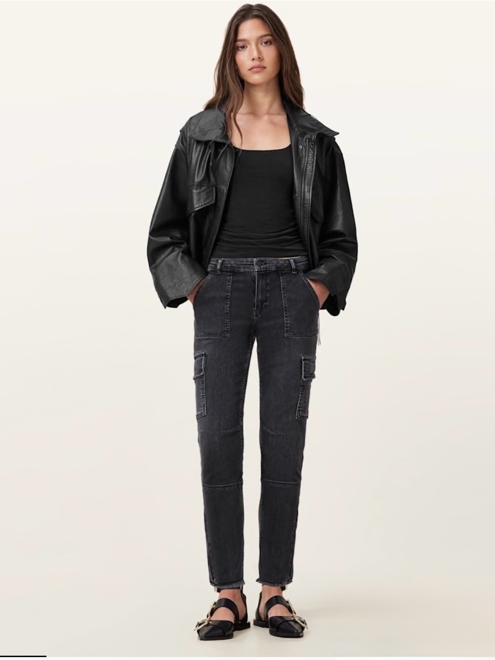 NEW All Saints Washed Black Cropped Cargo Skinny STRETCH Denim Jeans SZ 28